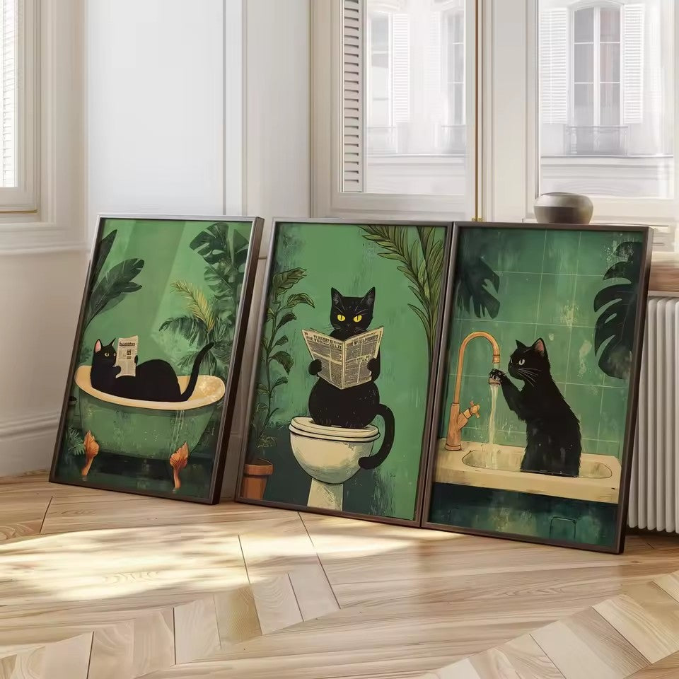 Bathroom Black Cat Canvas Poster Toilet Wall Art Print